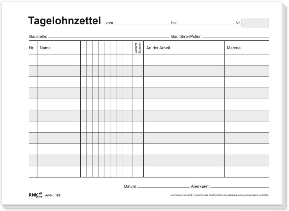 Tabellenansicht Tagelohnzettel