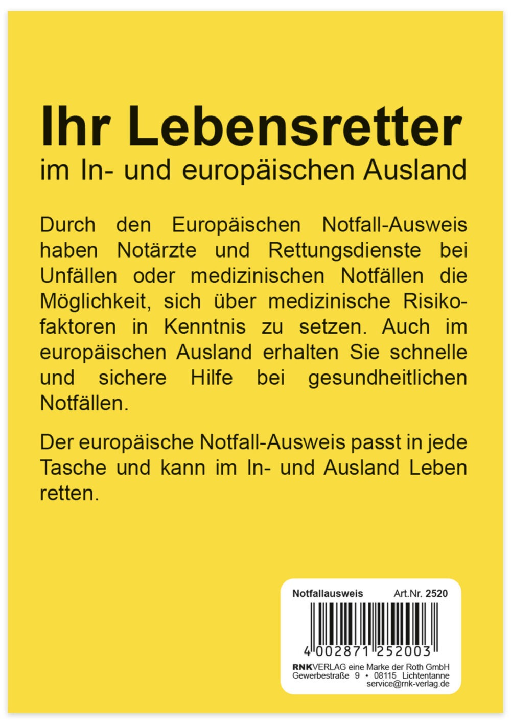 Rückseite des Umschlags Europäischer Notfall-Ausweis in Gelb mit einem kurzen Text