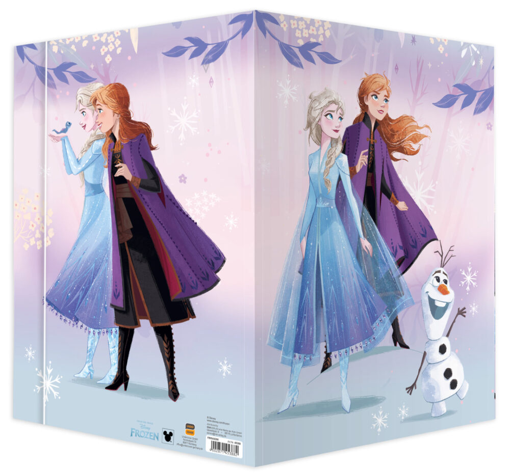 Seitliche Ansicht der Rückseite sowie Vorderseite der Zeichenmappe Frozen mit Anna und Elsa