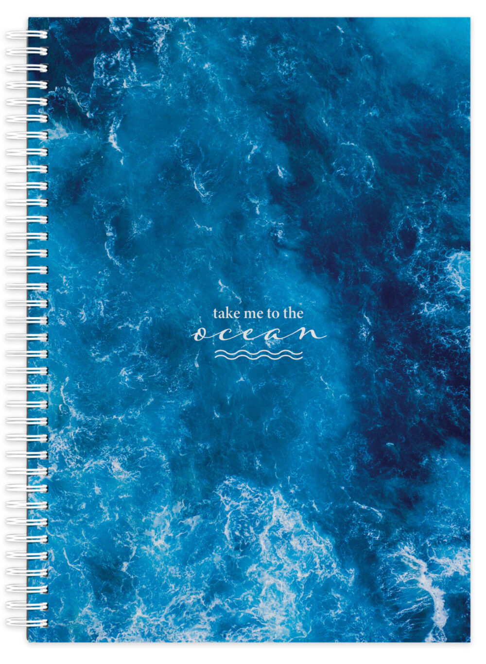 Cover Spiral-Notizbuch mit blauem Meer und einem Schriftzug drauf