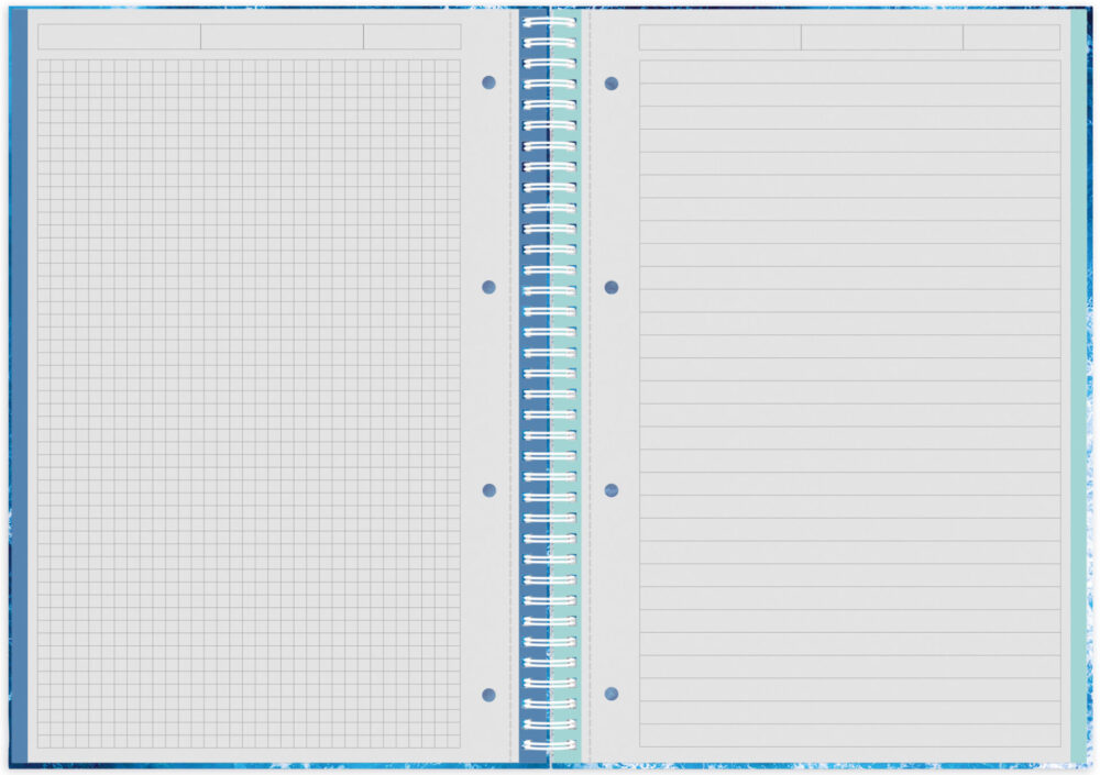 Spiral-Notizbuch geöffnet mit kariert und liniert Seiten mit farbigen Rändern
