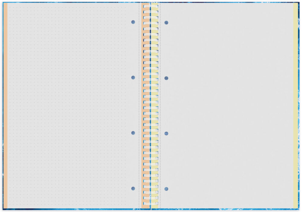 Spiral-Notizbuch geöffnet mit dotted und blanko Seiten mit farbigen Rändern