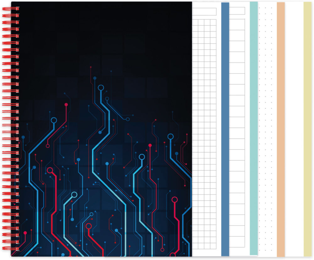 Spiral-Notizbuch "Network" mit grafischen Netzwerkverbindungen drauf und mit farbigen Rändern sowie 4 Lineaturen