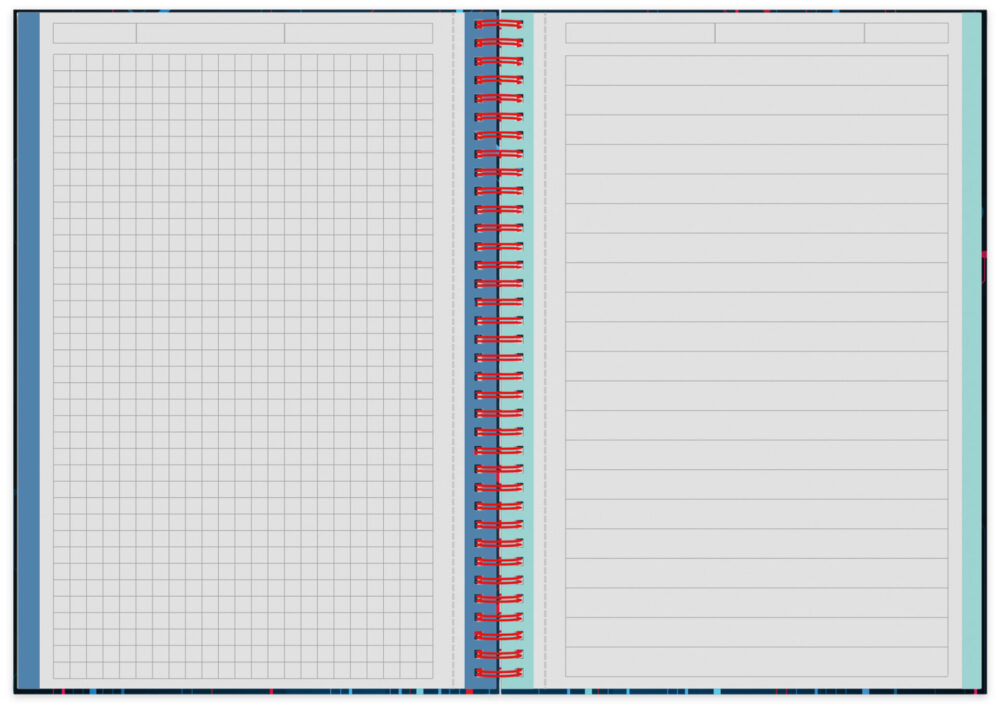 Spiral-Notizbuch geöffnet mit kariert und liniert Seiten mit farbigen Rändern