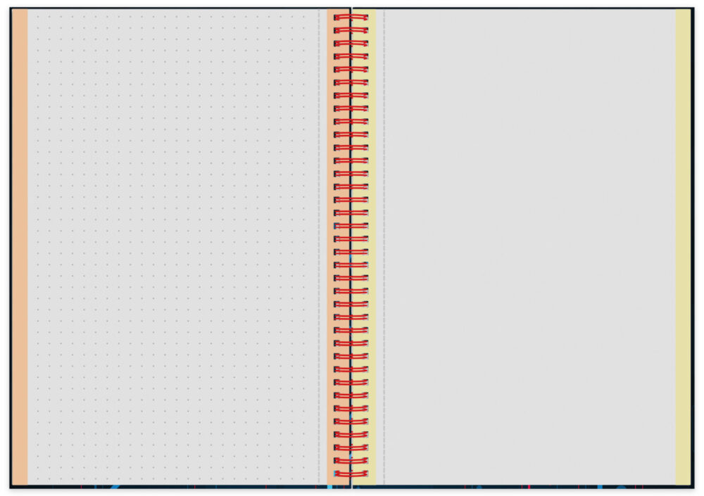Spiral-Notizbuch geöffnet mit dotted und blanko Seiten mit farbigen Rändern