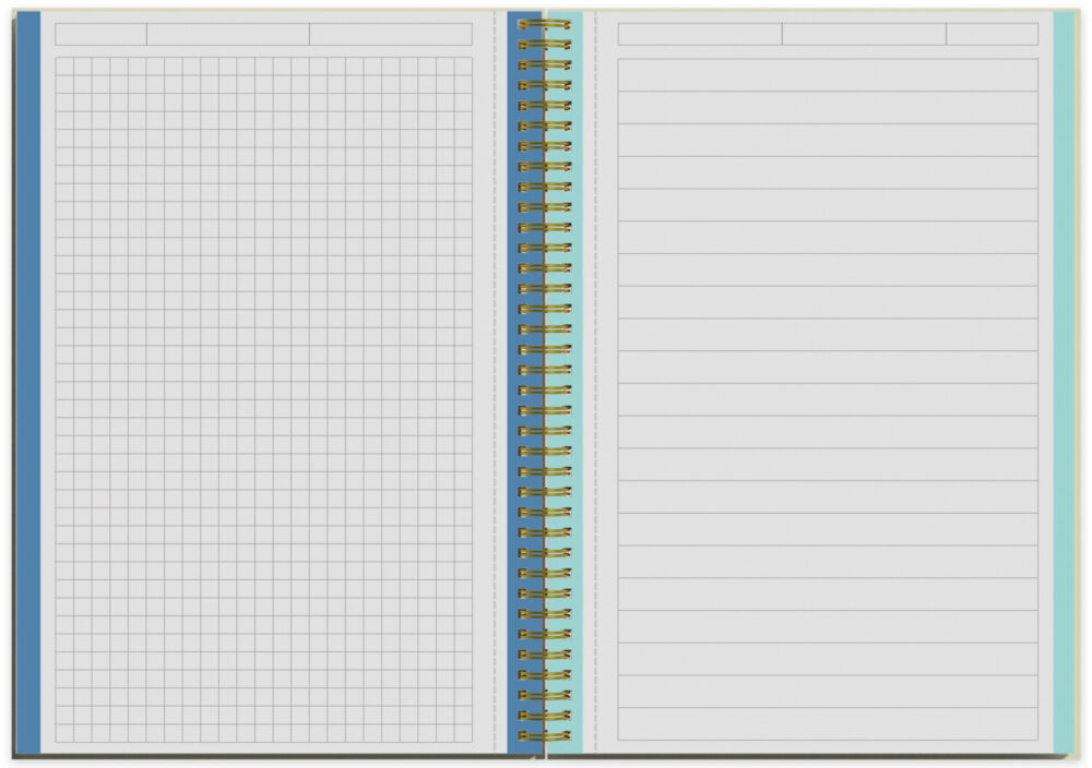 Spiral-Notizbuch geöffnet mit kariert und liniert Seiten mit farbigen Rändern