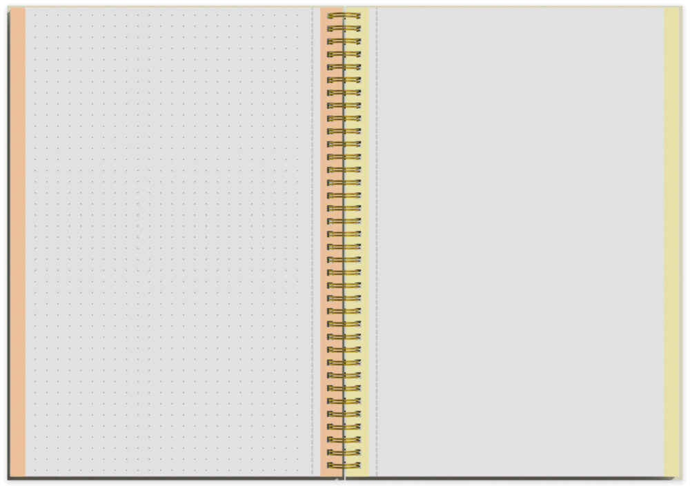 Spiral-Notizbuch geöffnet mit dotted und blanko Seiten mit farbigen Rändern