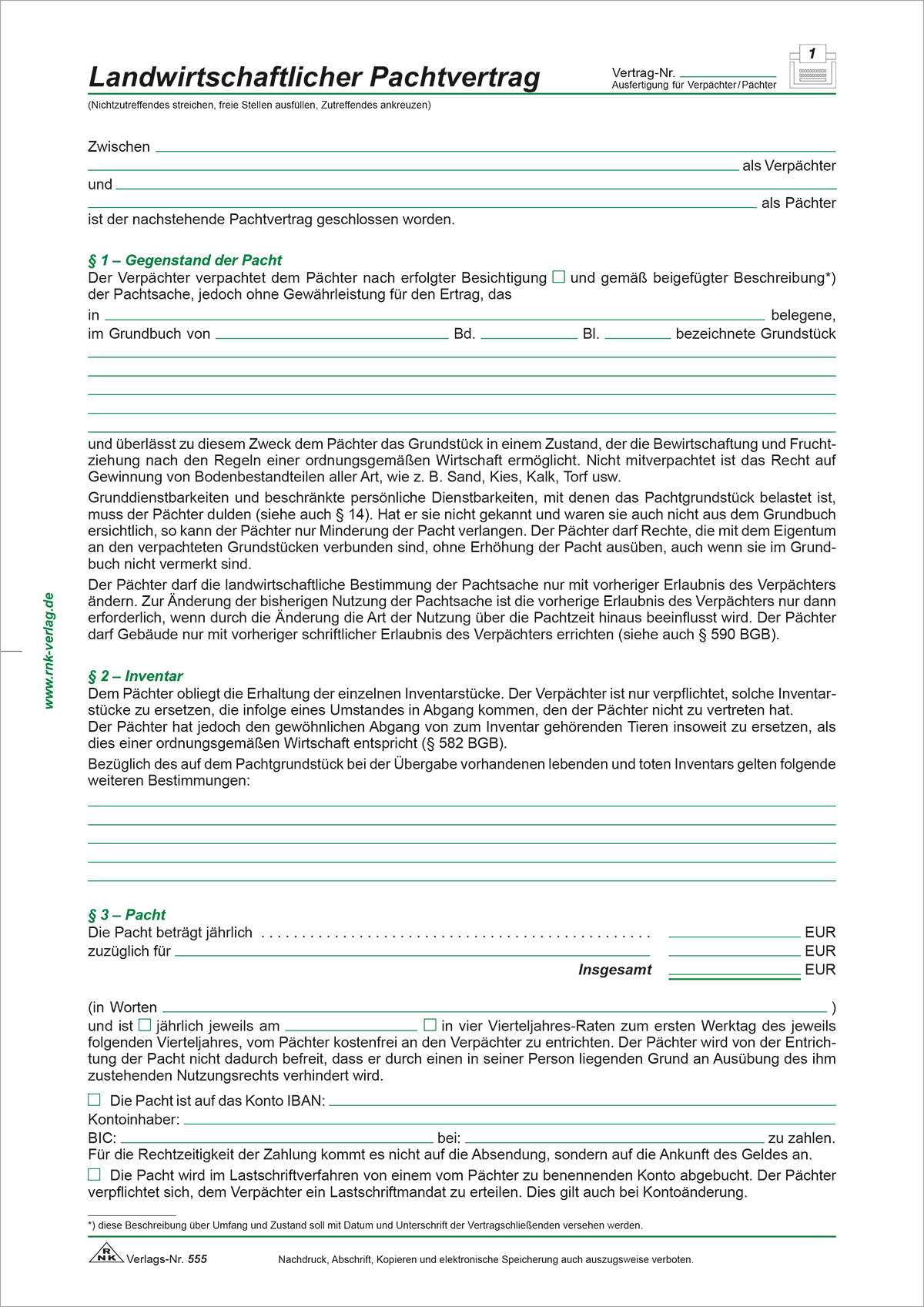 Landwirtschaftlicher Pachtvertrag - RNK Verlag